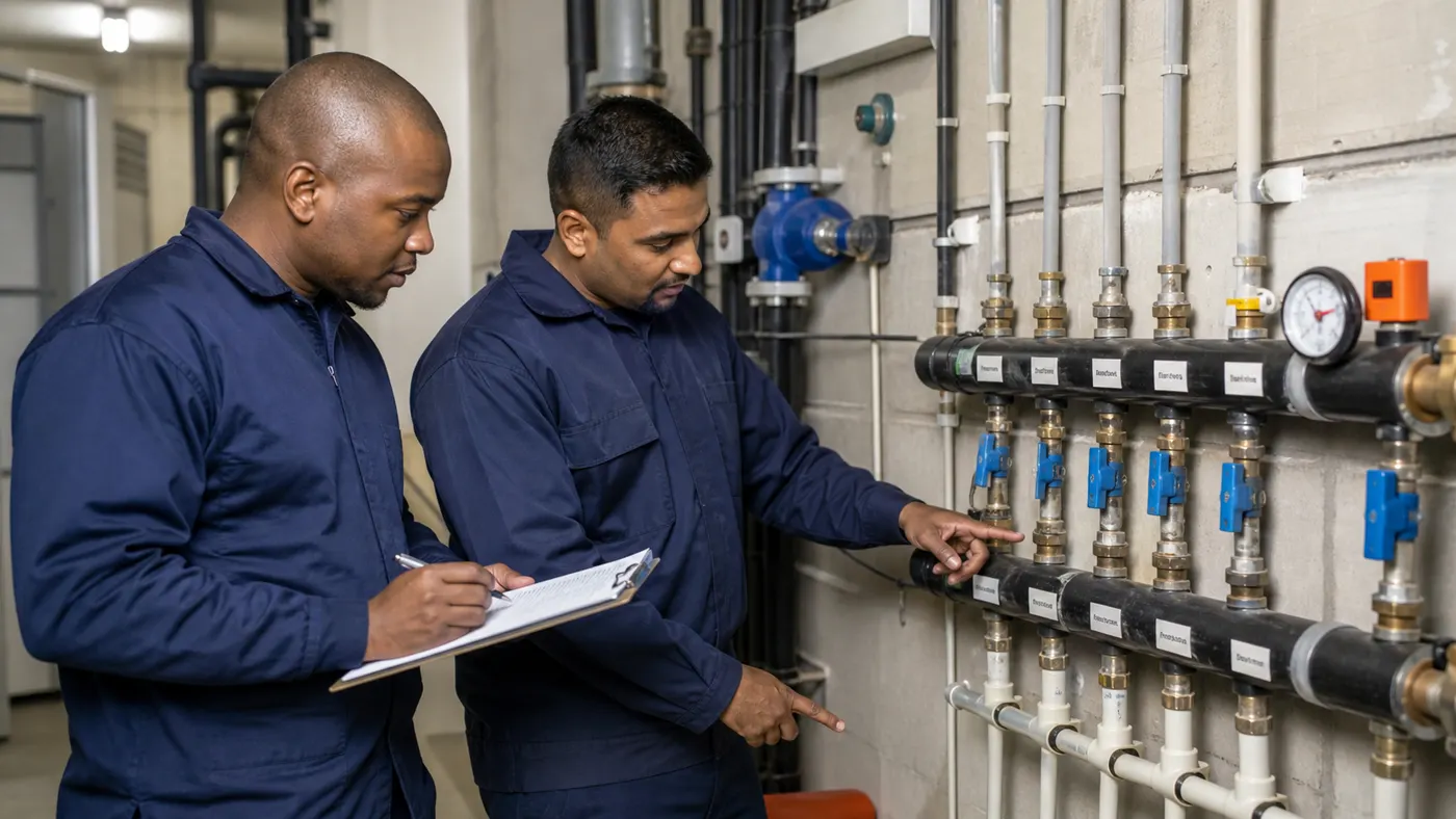 Fictional technicians reviewing a plumbing manifold during a maintenance inspection