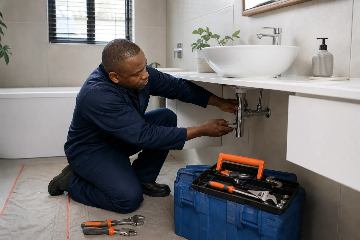 Fictional residential bathroom plumbing work