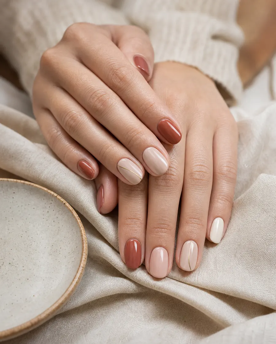 Blush, cream and terracotta gel manicure concept