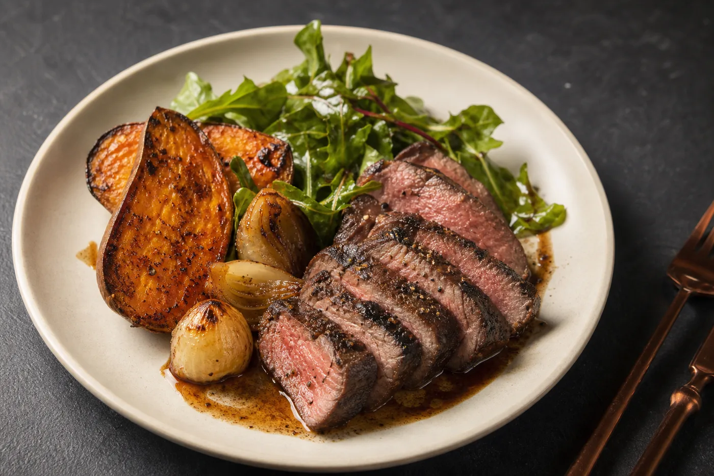 Generated concept of grilled sirloin with sweet potato and seasonal greens