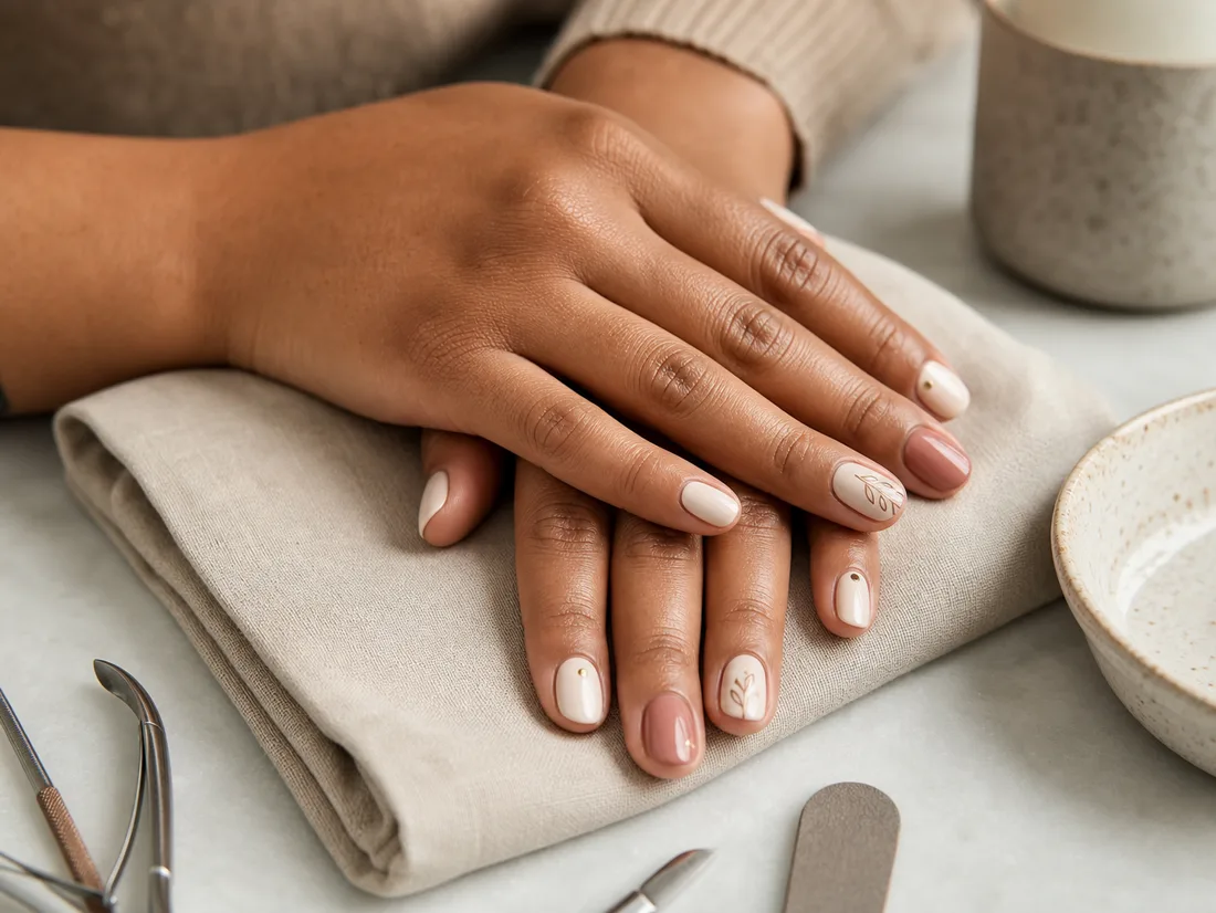 Cream and blush manicure with fine botanical nail art