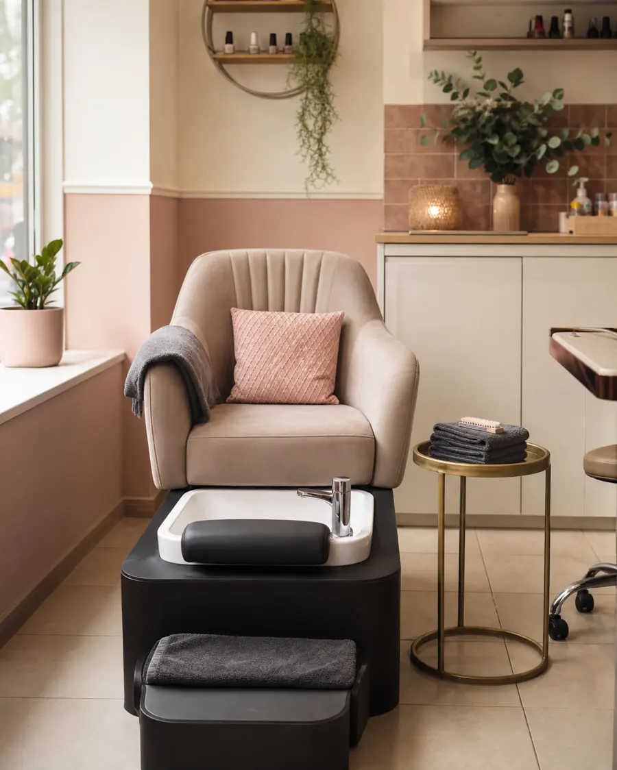 Clean and welcoming pedicure station in blush and cream tones